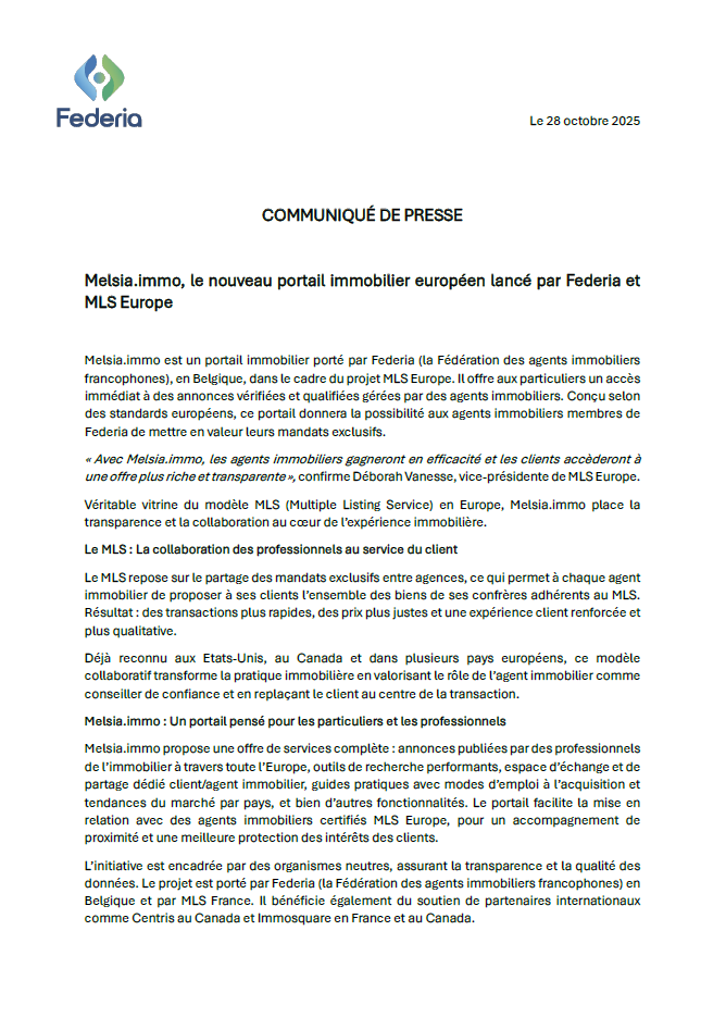 Melsia.immo, le nouveau portail immobilier européen lancé par Federia et MLS Europe