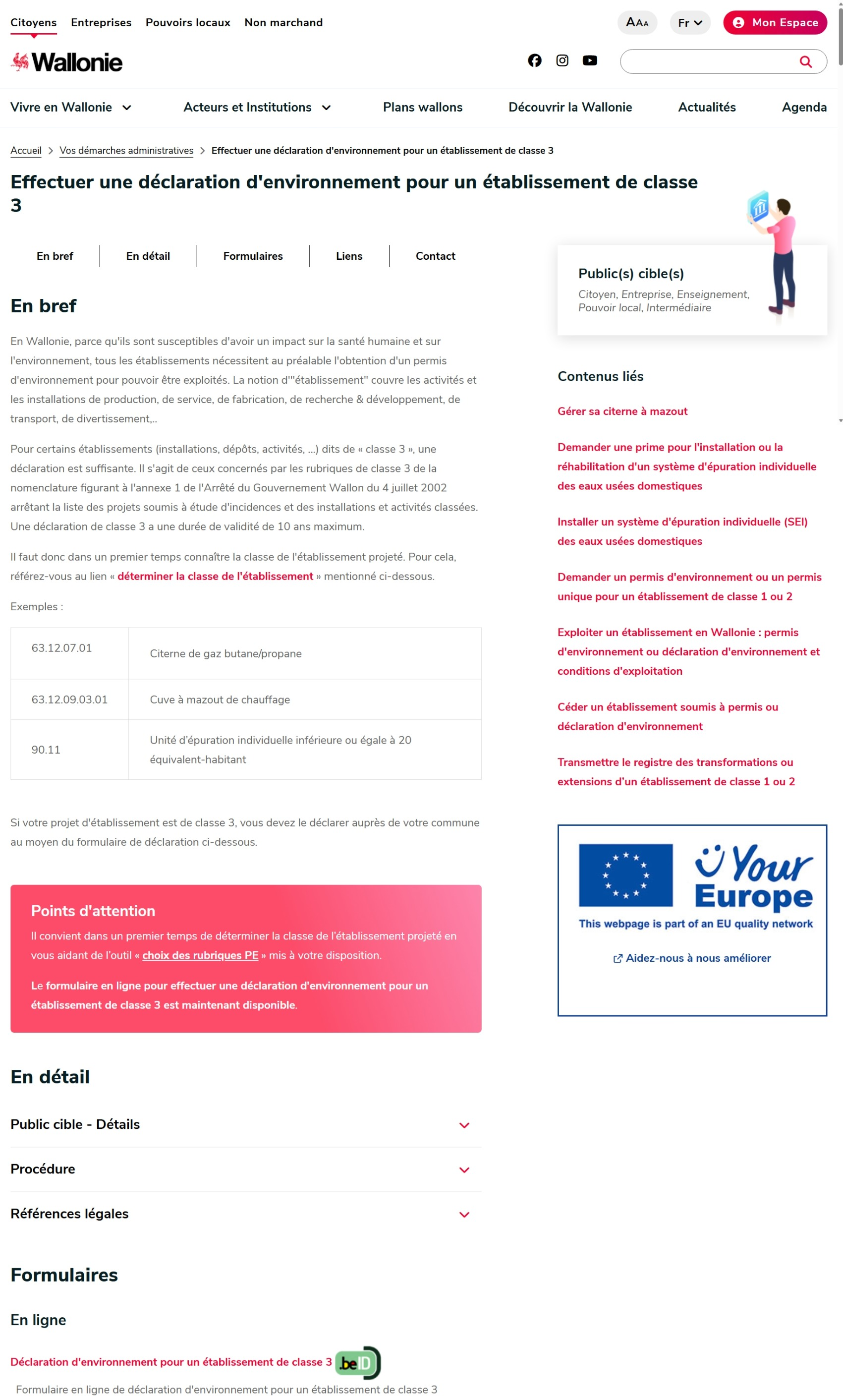 Déclaration d'environnement de classe 3 en Wallonie