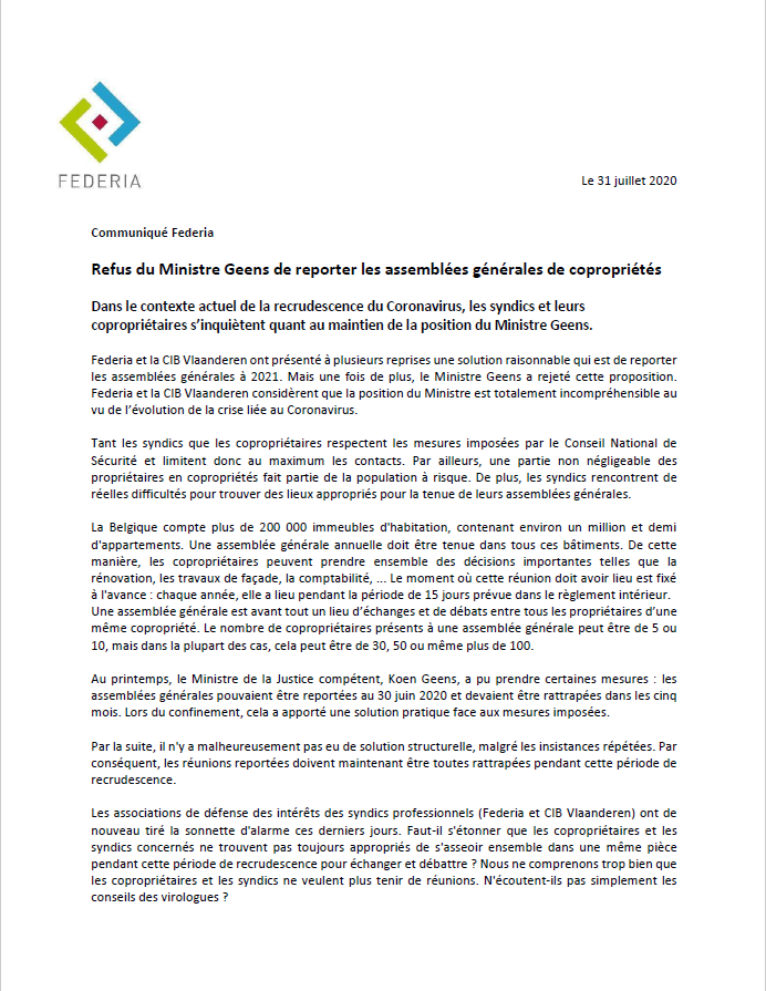 Refus du Ministre Geens de reporter les assemblées générales de copropriétés